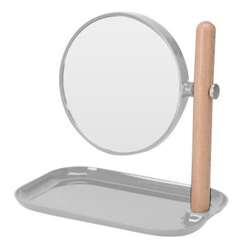 Badkamerspiegel / make-up spiegel rond dubbelzijdig lichtgrijs met opbergbakje L22 x B14 x H23 - Make-up spiegeltjes