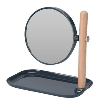 Badkamerspiegel / make-up spiegel rond dubbelzijdig navy blauw met opbergbakje L22 x B14 x H23 - Make-up spiegeltjes