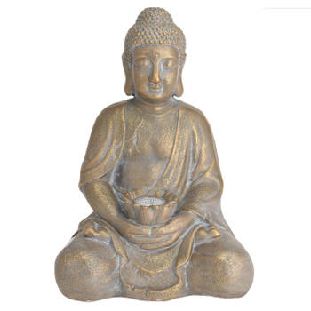 1x Boeddha beeld goud met solar verlichting 44 cm - Tuinbeelden