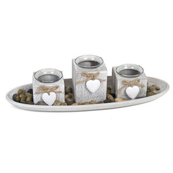 Kaarsen plateau/bord met 3 kaarsenhouders en deco stenen voor theelichtjes - Kaarsenplateaus