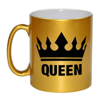 Cadeau Queen mok/ beker goud met zwarte bedrukking 300 ml - feest mokken