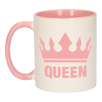 Cadeau Queen mok/ beker roze wit 300 ml - feest mokken