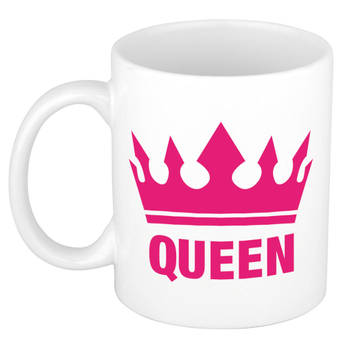 Cadeau Queen mok/ beker wit met fuchsia roze bedrukking 300 ml - feest mokken