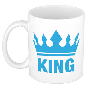 Cadeau King mok/ beker wit met blauwe bedrukking 300 ml - feest mokken