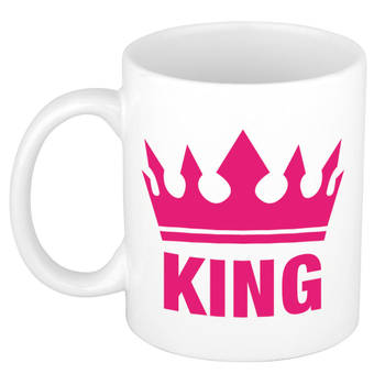 Cadeau King mok/ beker wit met fuchsia roze bedrukking 300 ml - feest mokken