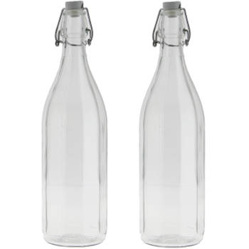 2x Stuks glazen fles transparant met beugeldop 1000 ml - Drinkflessen