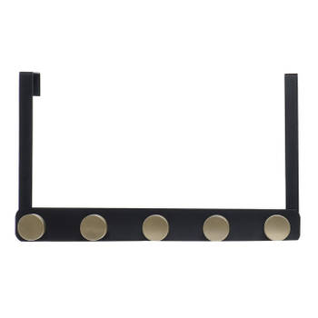 Metalen deurkapstok/rek zwart met 5 goudkleurige ophangknoppen 33 cm - Kapstokken
