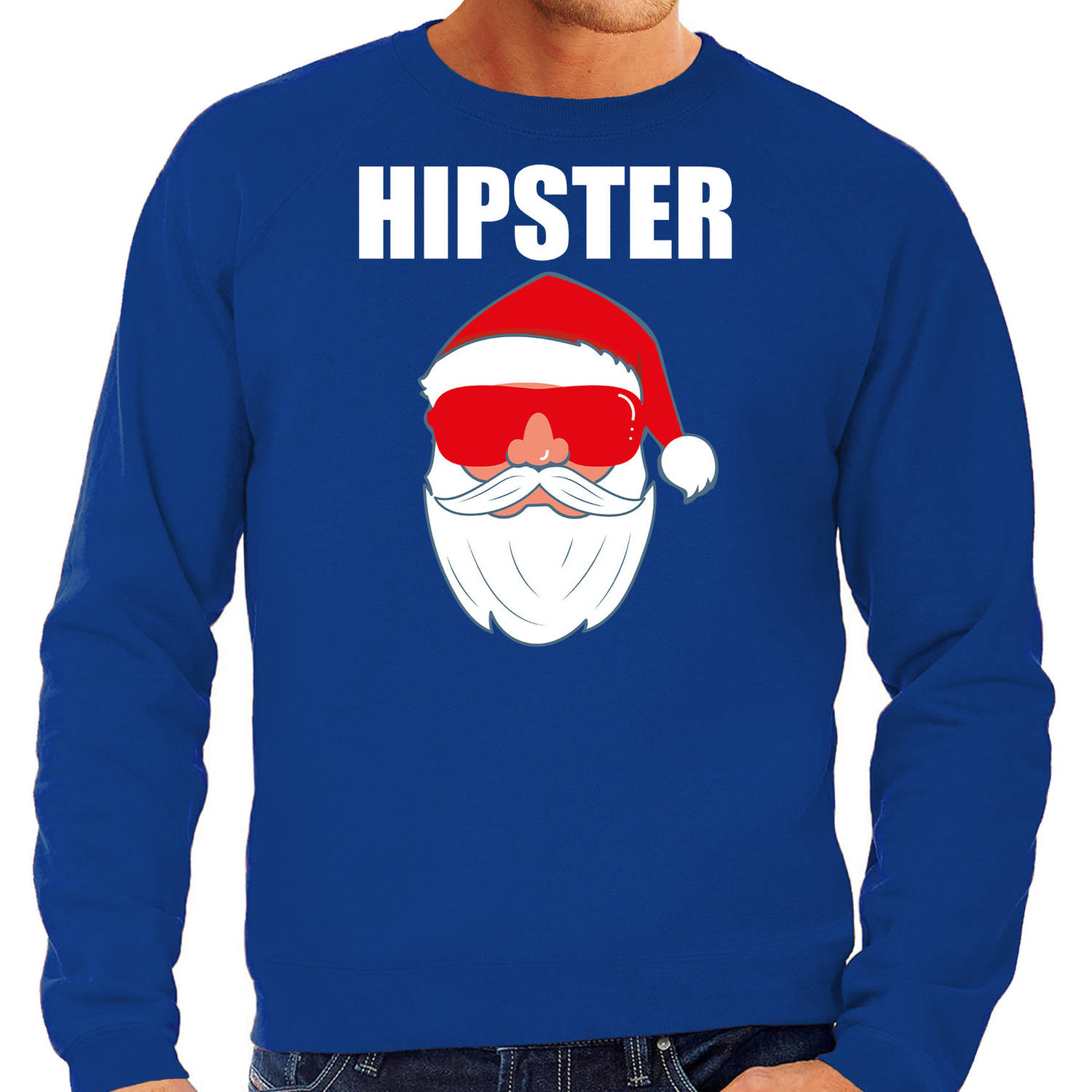 Blauwe Kersttrui / Kerstkleding Hipster voor heren met Kerstman met zonnebril XL - kerst truien