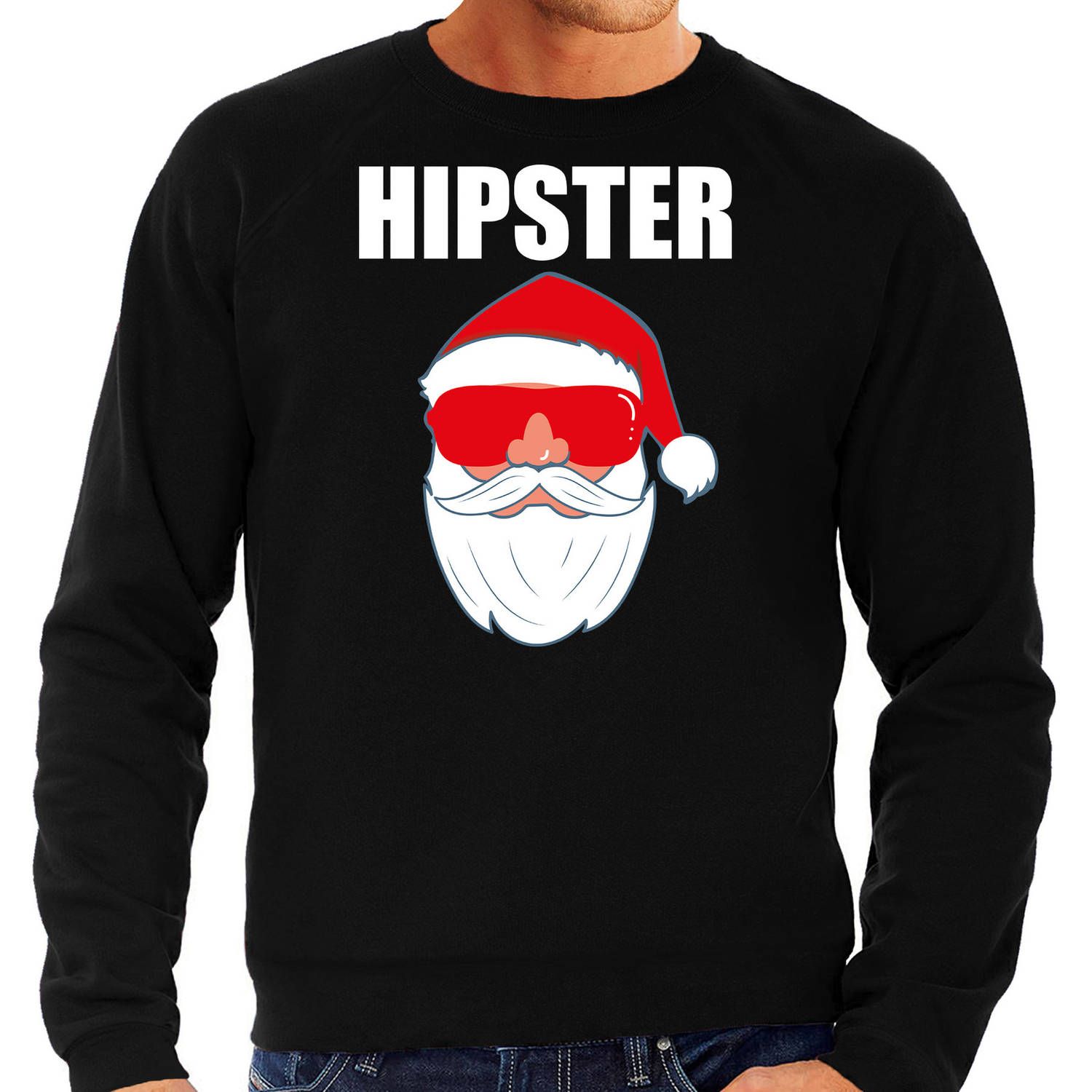 Zwarte Kersttrui / Kerstkleding Hipster voor heren met Kerstman met zonnebril S - kerst truien