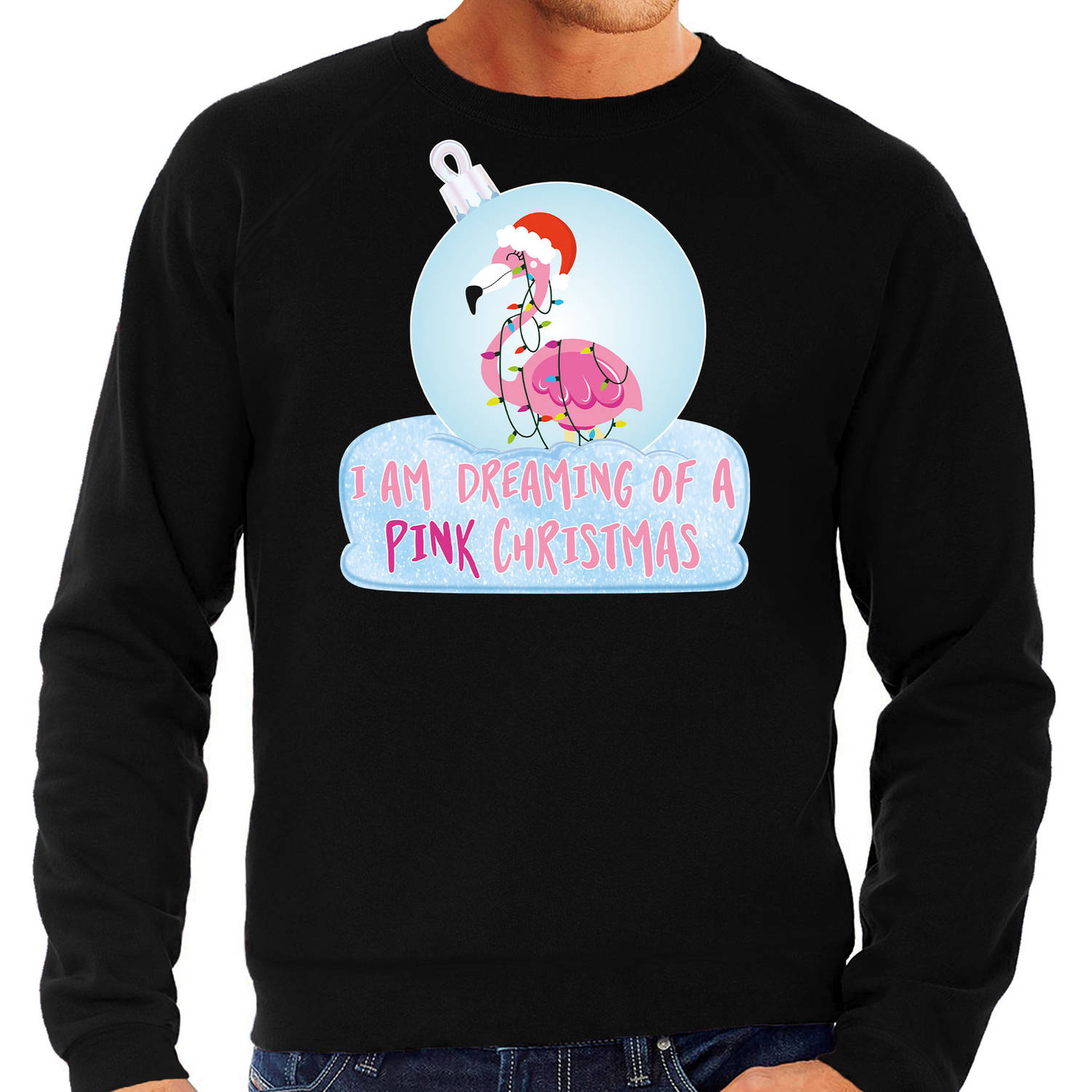 Zwarte Kersttrui / Kerstkleding I am dreaming of a pink Christmas voor heren met flamingo kerstbal M - kerst truien