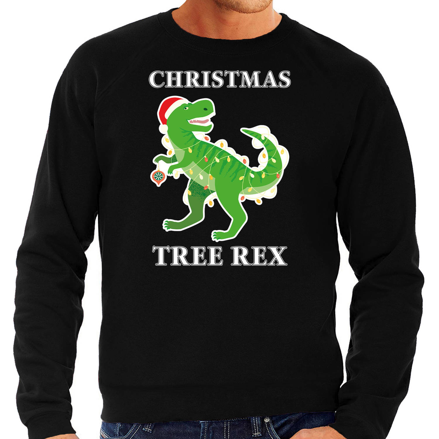 Zwarte Kersttrui / Kerstkleding Christmas tree rex voor heren M - kerst truien
