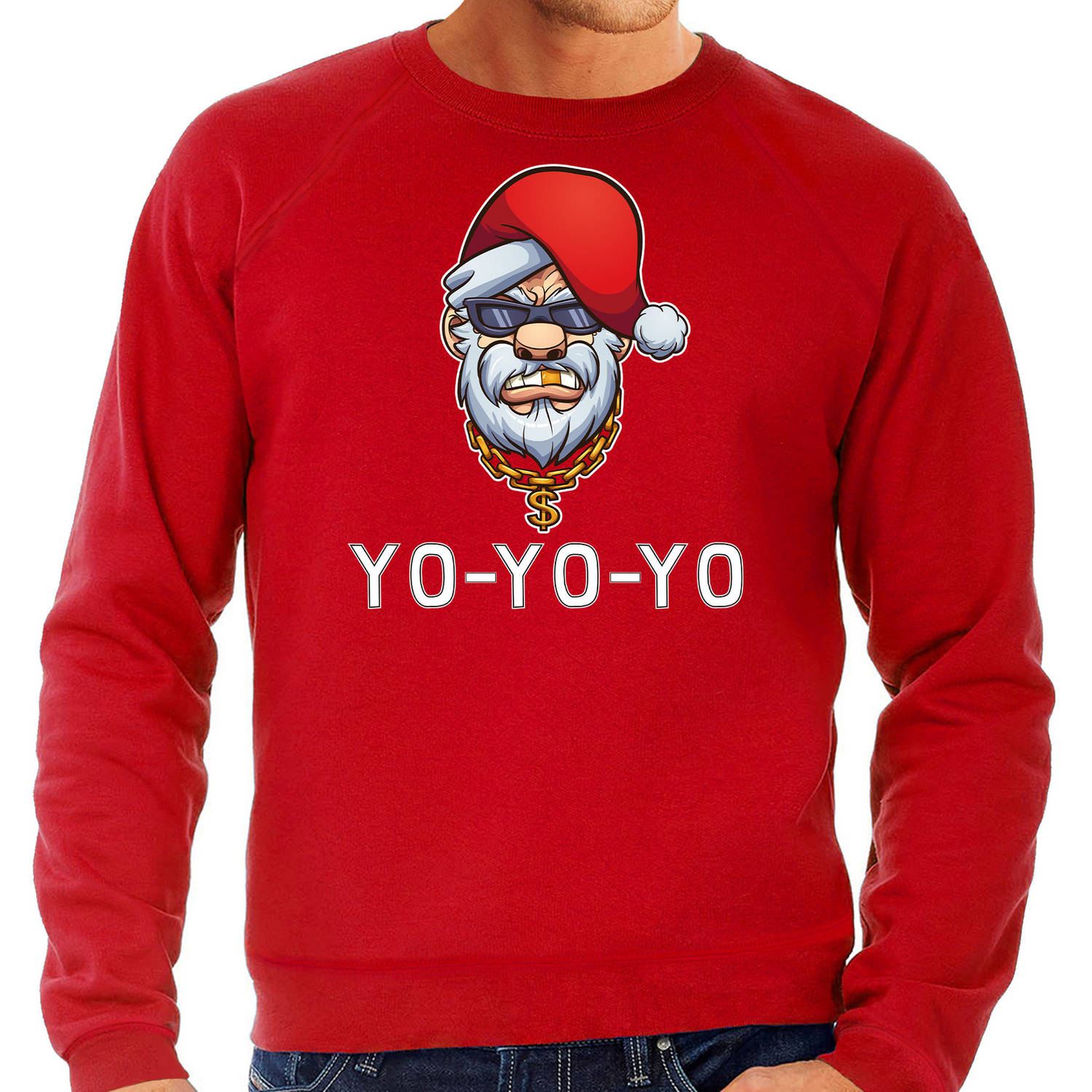 Rode Kerstsweater / Kerstkleding Gangster / rapper Santa voor heren grote maten 4XL (60) - kerst truien