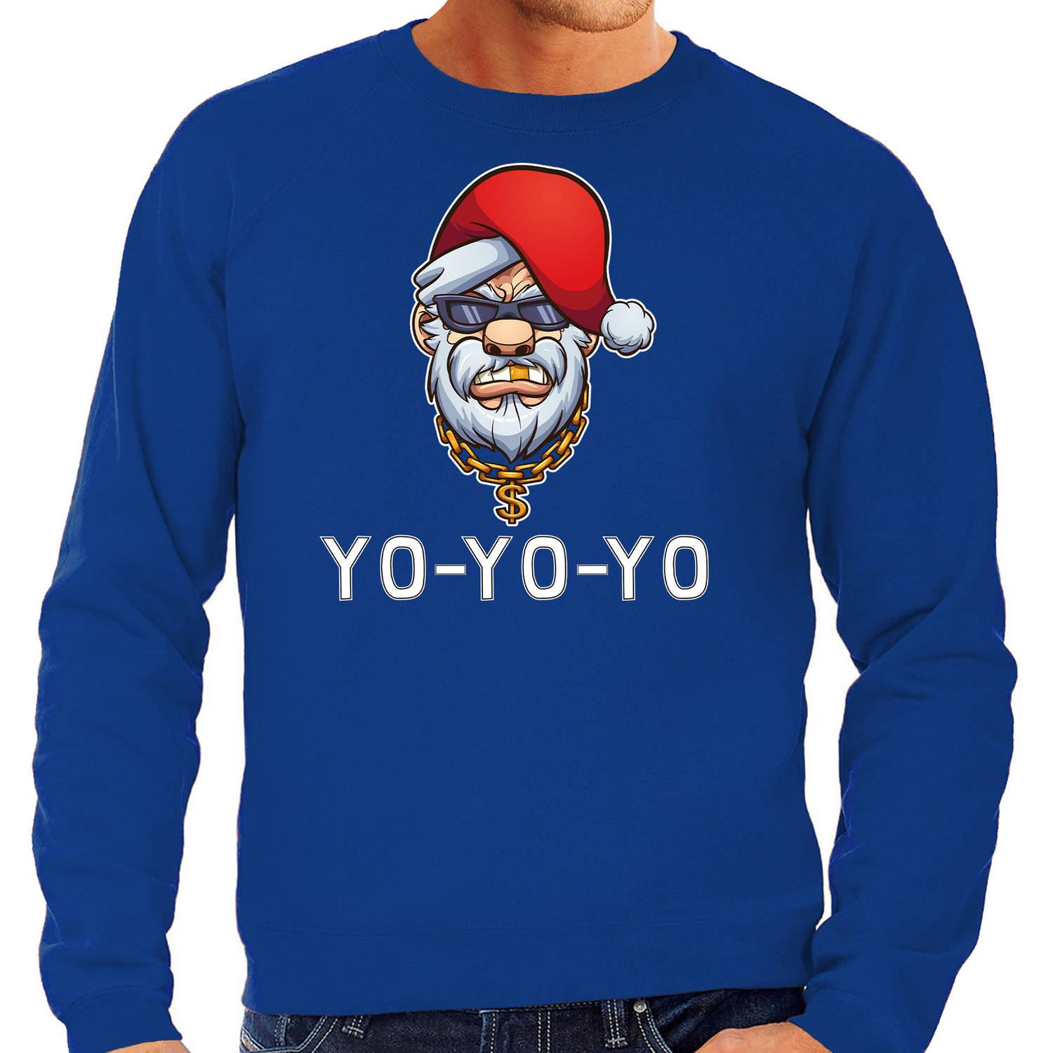Blauwe Kerstsweater / Kerstkleding Gangster / rapper Santa voor heren grote maten 3XL (58) - kerst truien