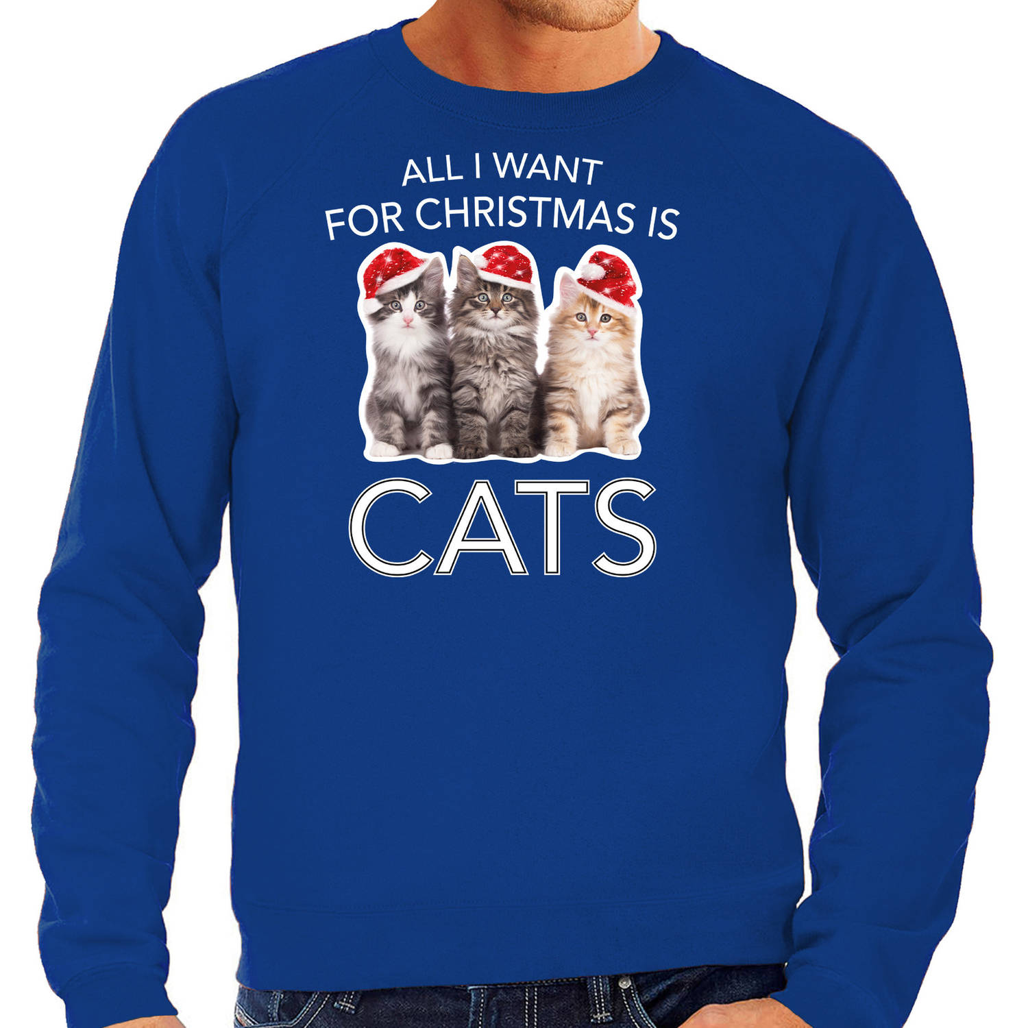 Blauwe Kersttrui / Kerstkleding All I want for christmas is cats voor heren S - kerst truien
