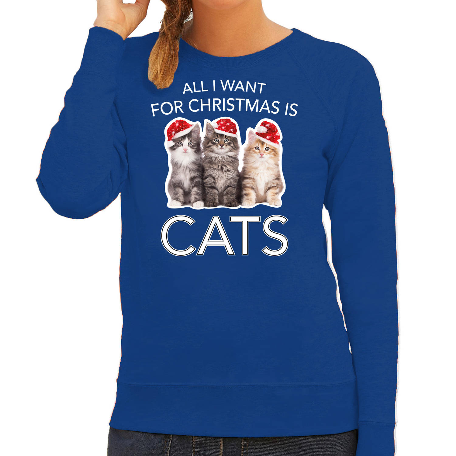 Blauwe Kersttrui / Kerstkleding All I want for christmas is cats voor dames L - kerst truien