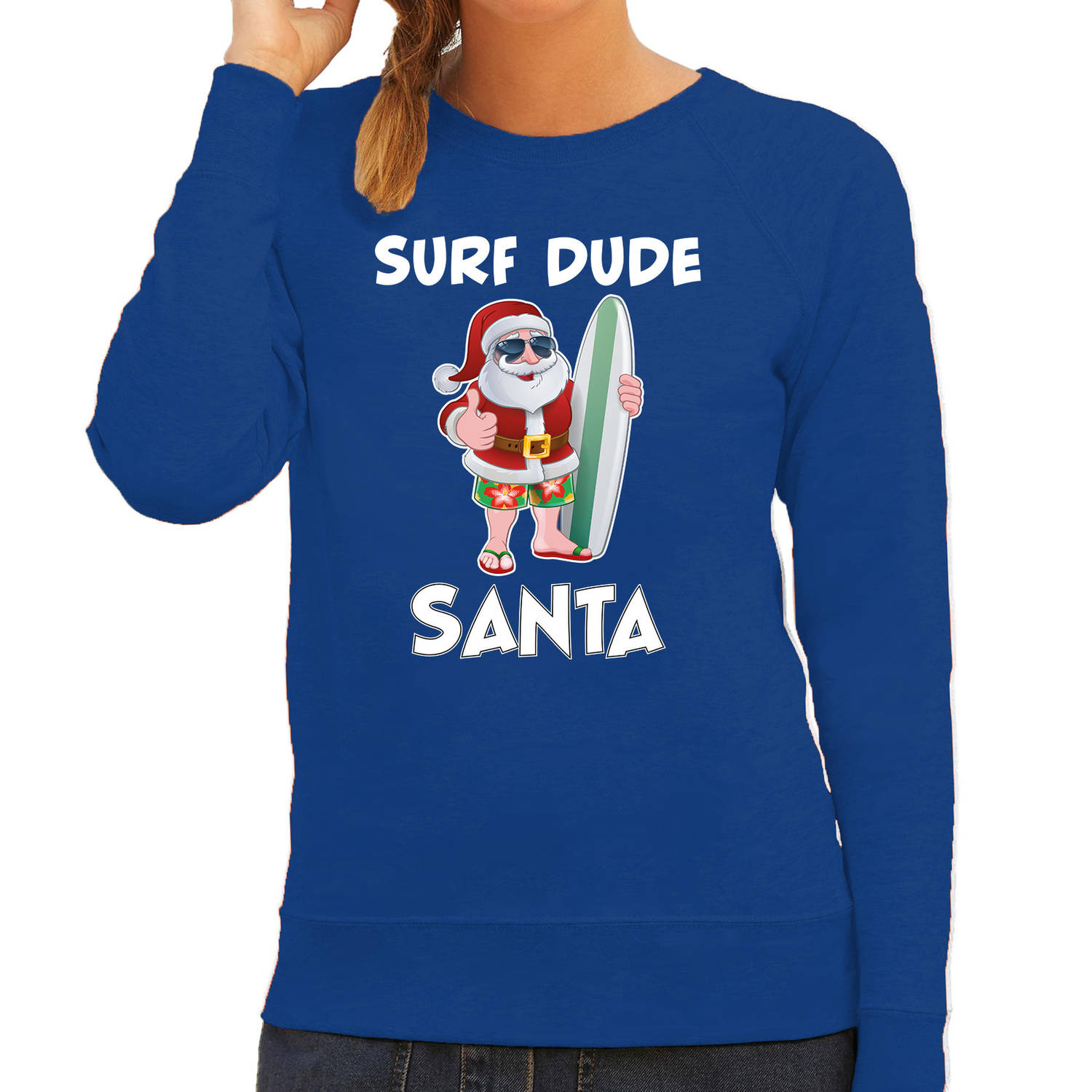 Blauwe Kersttrui / Kerstkleding surf dude Santa voor dames L - kerst truien
