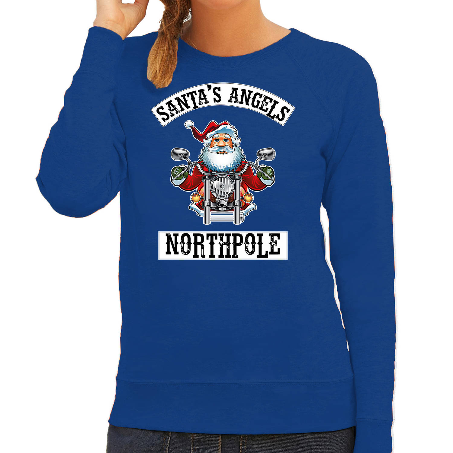 Blauwe Kersttrui / Kerstkleding Santas angels Northpole voor dames L - kerst truien