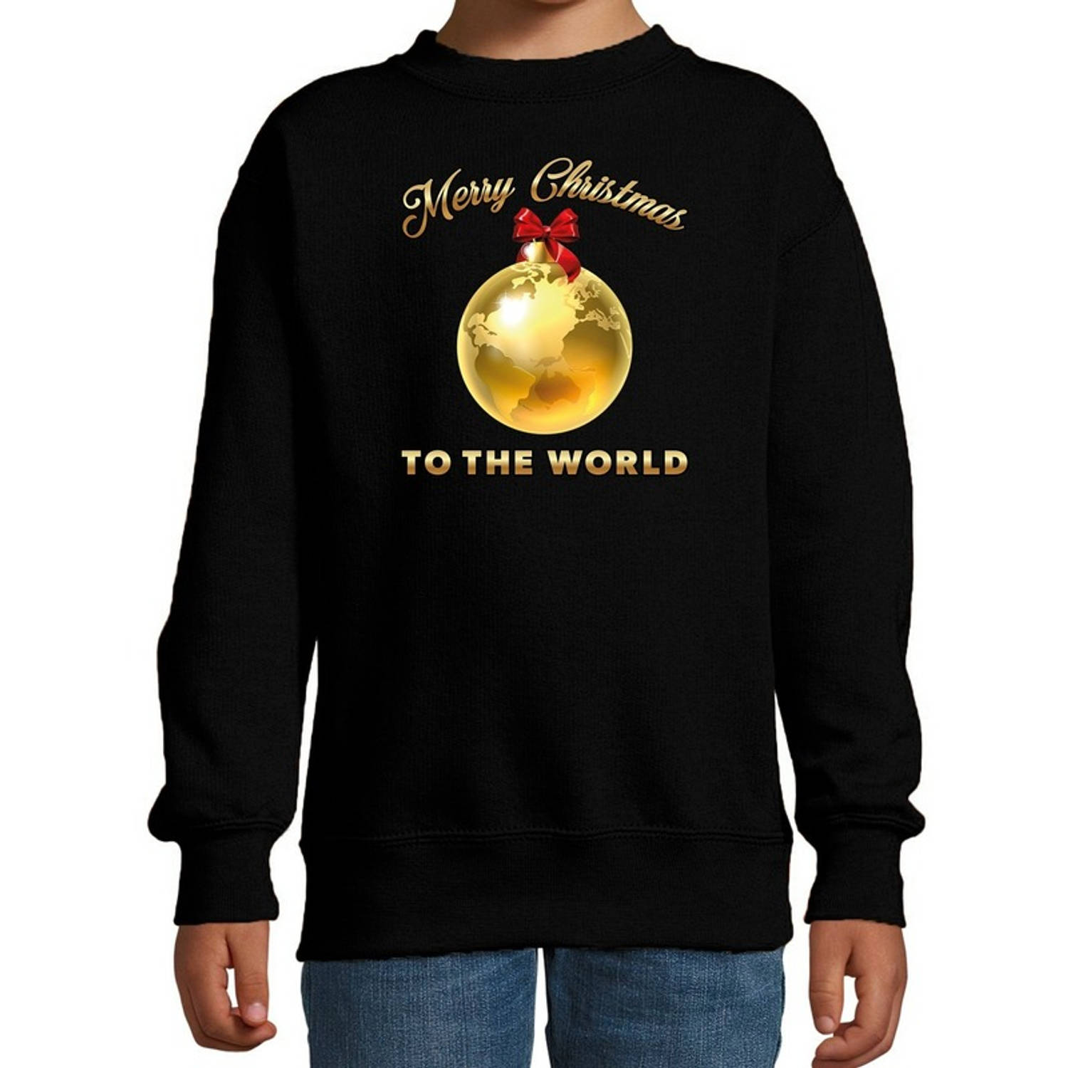 Bellatio Decorations kersttrui/sweater voor kinderen - Merry Christmas - wereld - zwart 3-4 jaar (98/104) - kerst truien