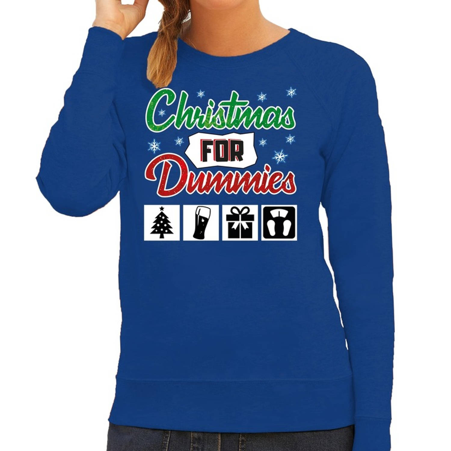 Foute kerstborrel trui / kersttrui Christmas for dummies blauw voor dames L (40) - kerst truien