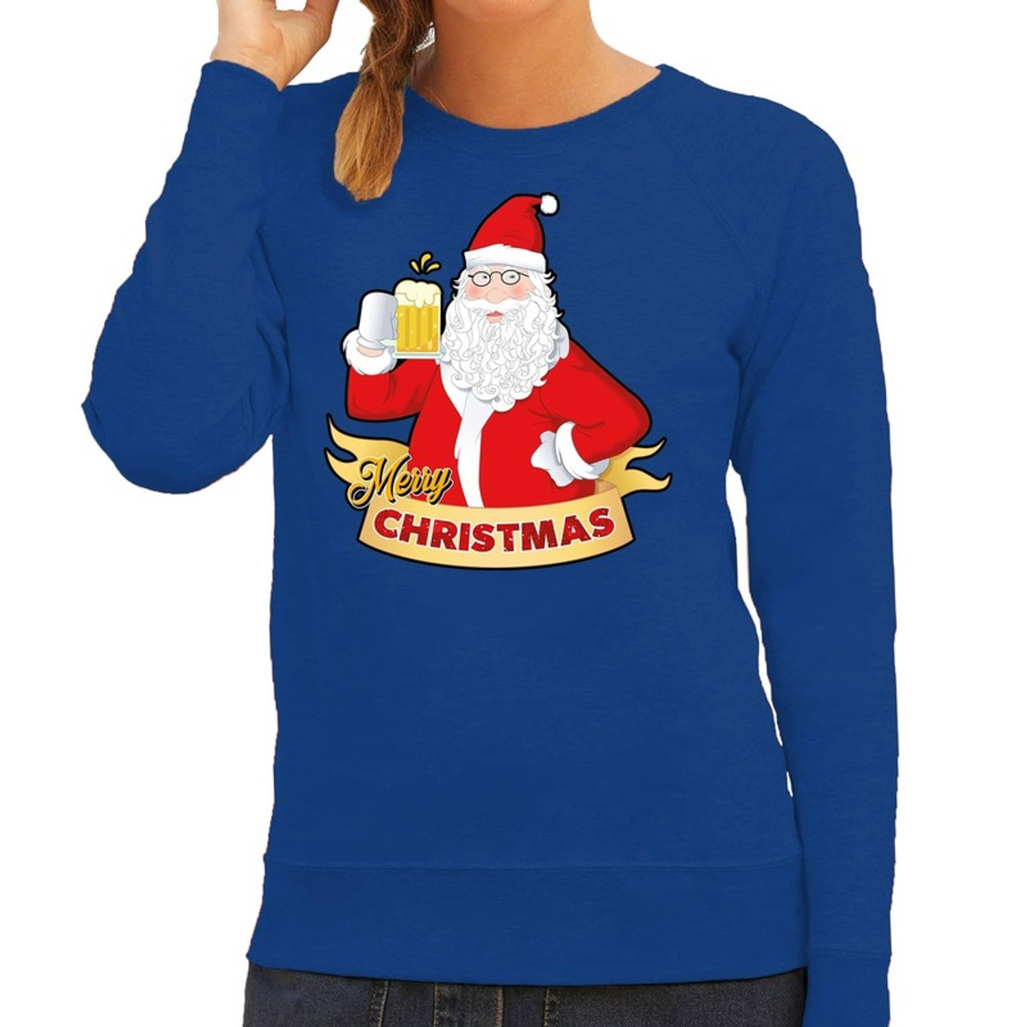Blauwe kersttrui / kerstkleding kerst man met een biertje voor dames L (40) - kerst truien