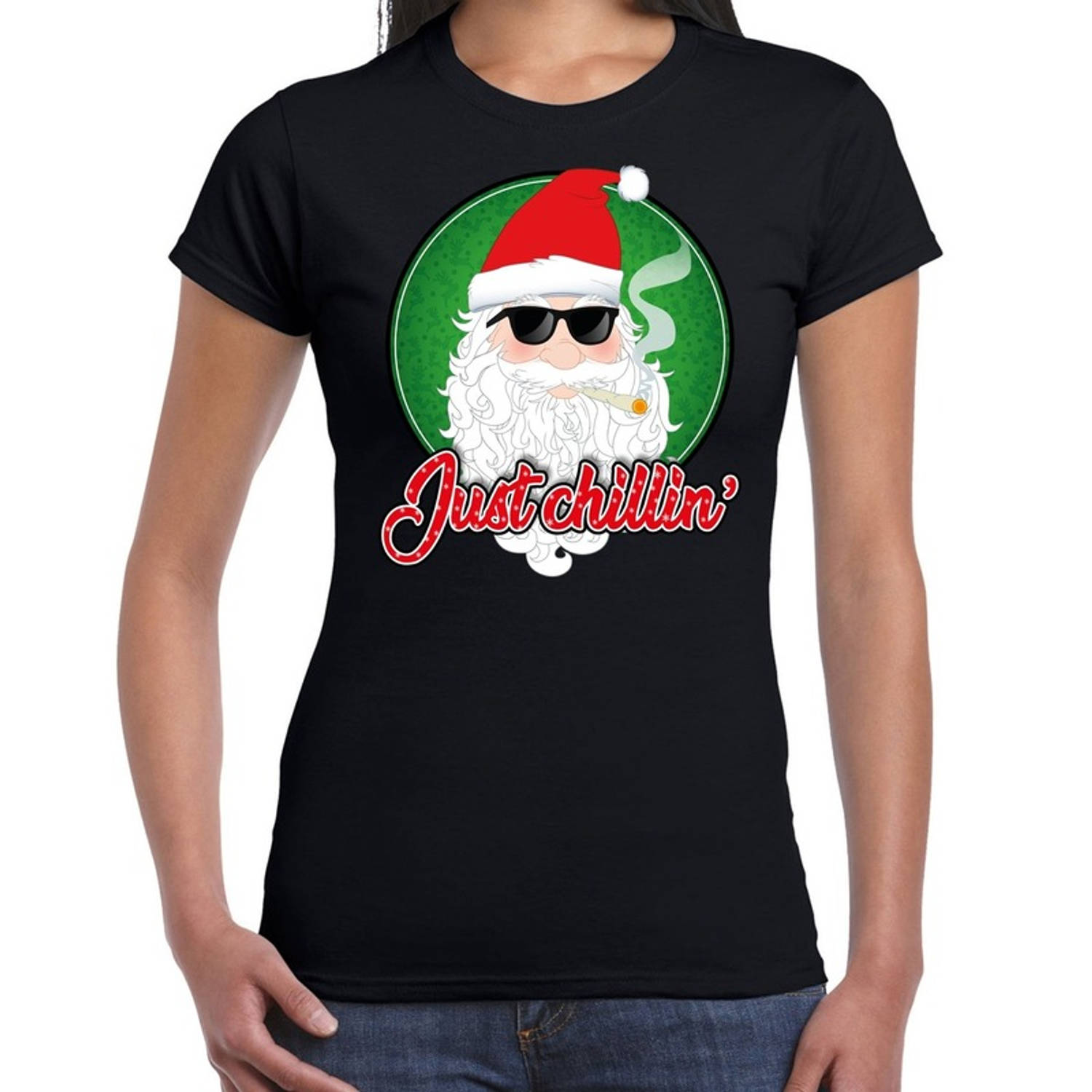 ergens bij betrokken zijn Thespian mythologie Fout kerstborrel t-shirt / kerstshirt just chillin stoere kerstman zwart  voor dames S - kerst t-shirts | Blokker