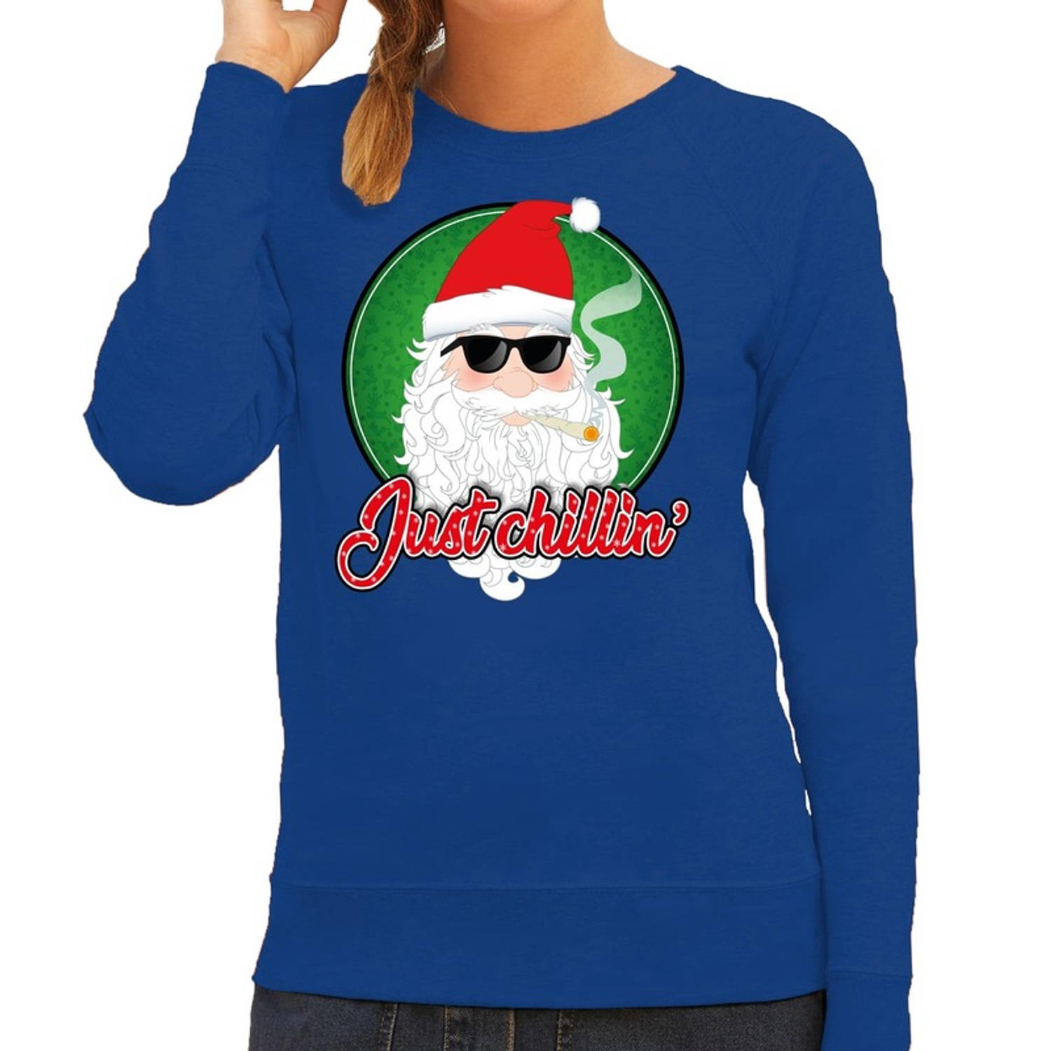 Foute kerstborrel trui / kersttrui just chillin blauw voor dames L (40) - kerst truien