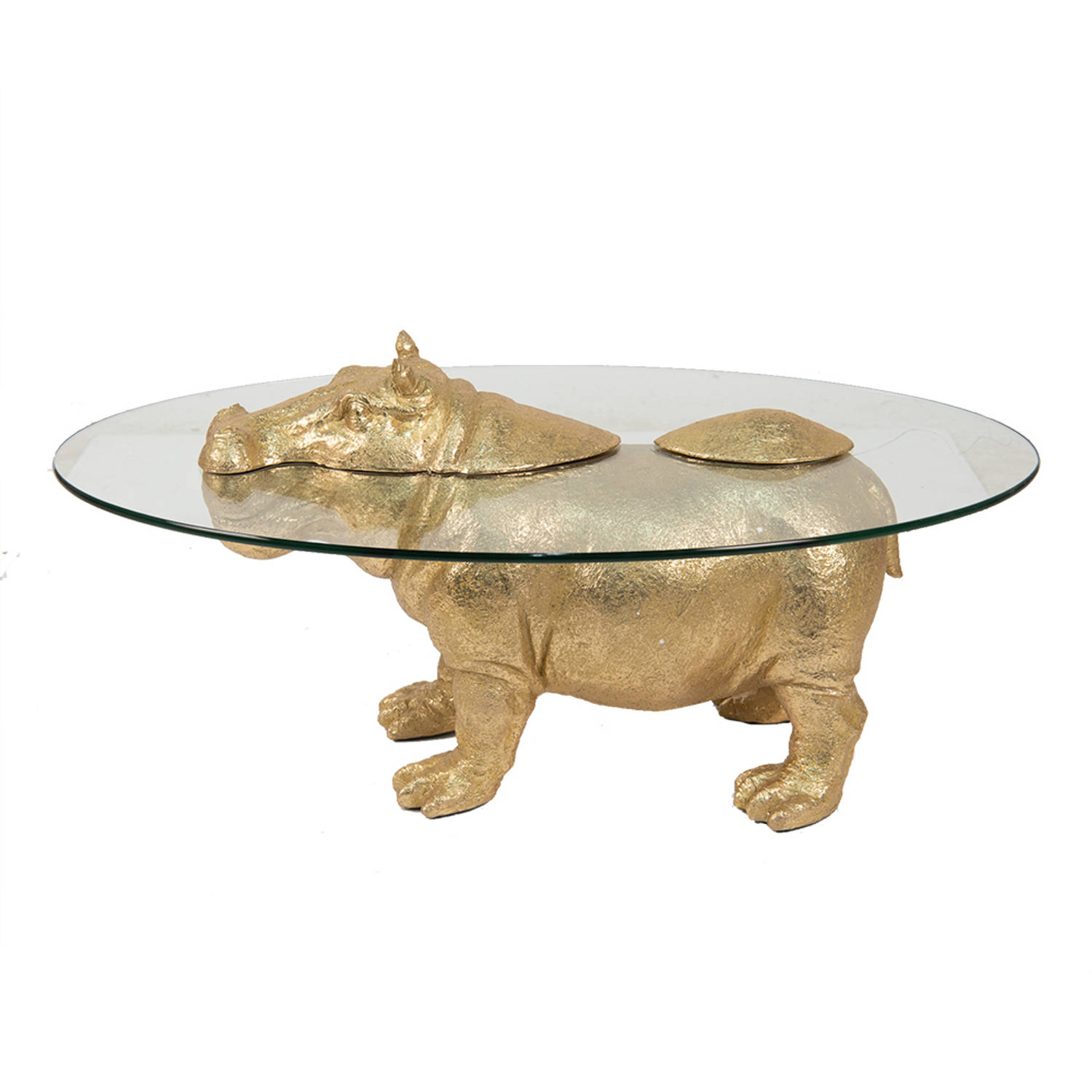 Clayre & Eef Bijzettafel Nijlpaard 80*50*37 Cm Goudkleurig Kunststof, Glas Side Table Tafeltje Goudk