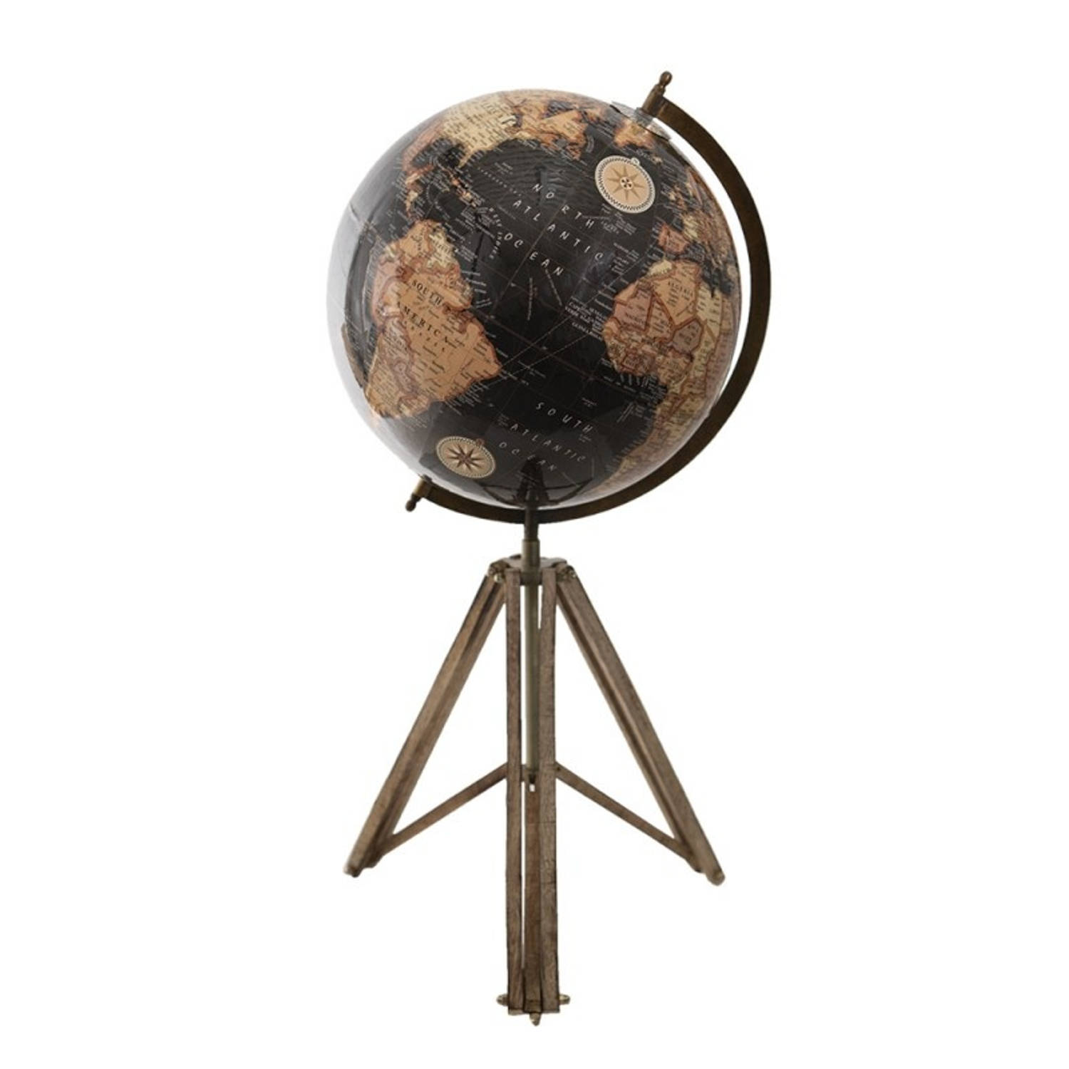 Clayre & Eef Wereldbol Decoratie 31*31*71 Cm Zwart, Beige, Bruin Hout, Ijzer De Wereld Globe Aardbol