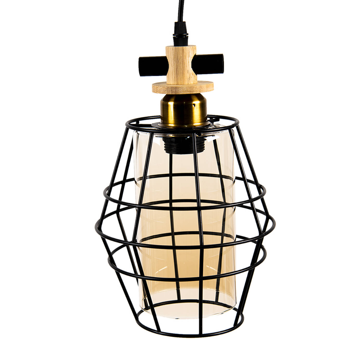 Clayre & Eef Hanglamp 22*18 Cm E27-max 1*40w Zwart Metaal, Glas Hanglamp Eettafel Hanglampen Eetkame