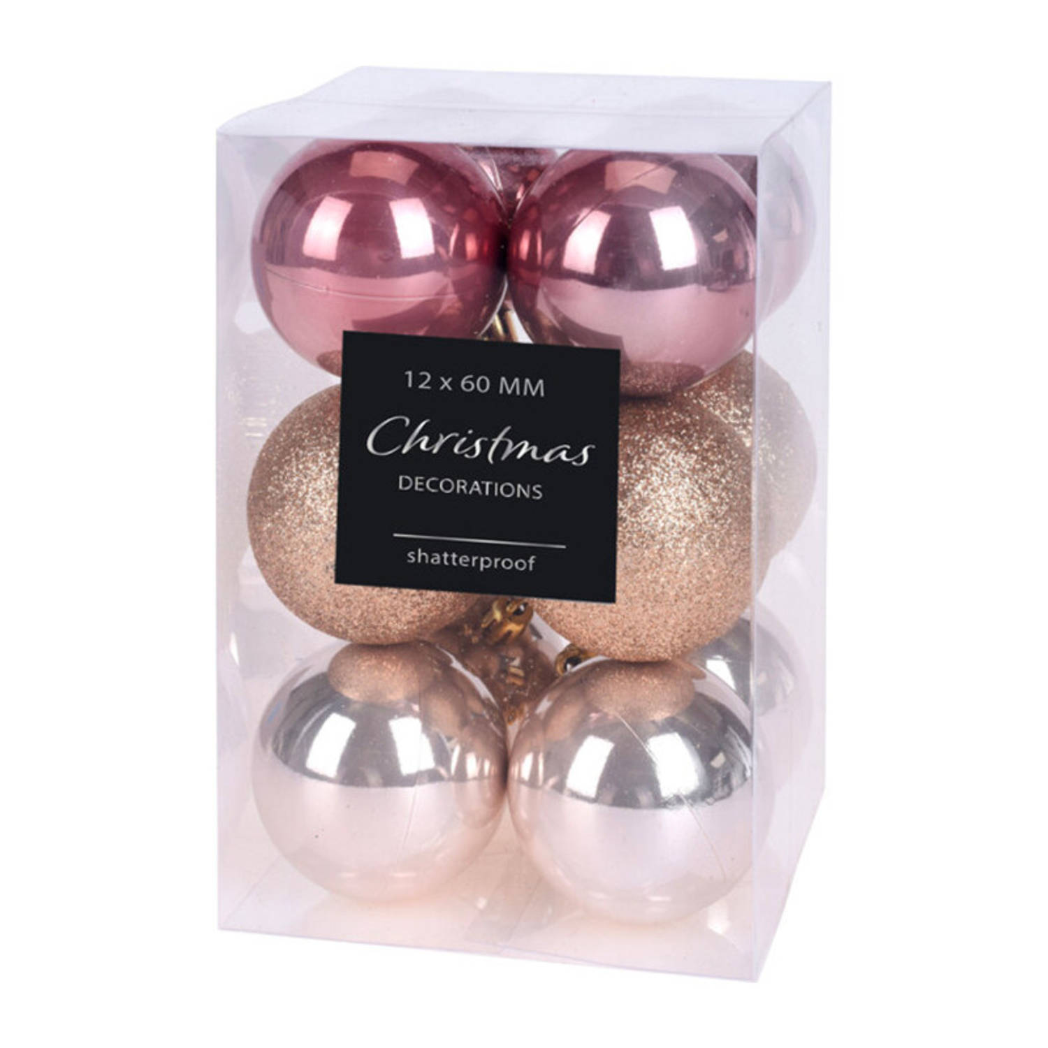 Mondex - Set van 12 kerstballen 6cm - Goud/rose - Glanzend/glitter