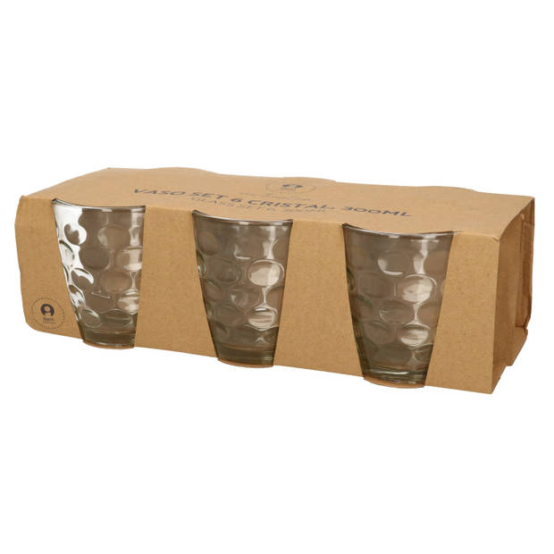 6x Stuks transparante waterglazen/drinkglazen cirkels relief 300 ml van glas - Drinkglazen