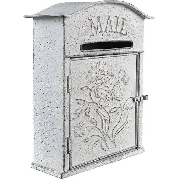 Clayre & Eef Brievenbus 26x10x31 cm Grijs Wit Metaal Bloemen Mail Wandbrievenbus Grijs Wandbrievenbus