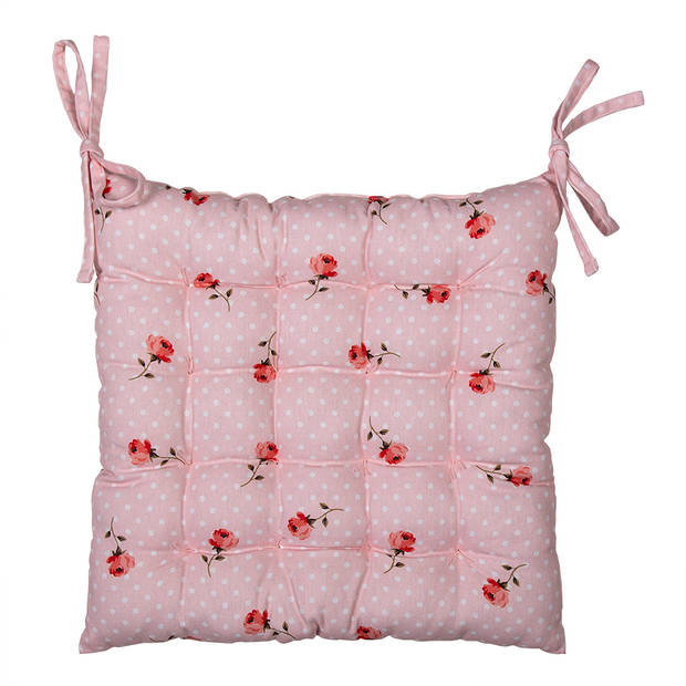 Clayre & Eef Stoelkussen Foam 40x40x4 cm Roze Katoen Vierkant Bloemen Zitkussen Roze Zitkussen