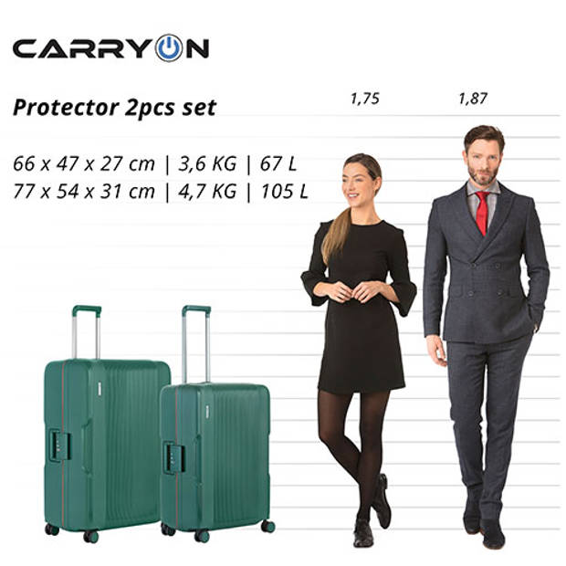 CarryOn Protector Luxe Kofferset - TSA Trolleyset M+L formaat - Kliksloten - Groen
