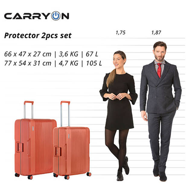 CarryOn Protector Luxe Kofferset - TSA Trolleyset M+L formaat - Kliksloten - Terra