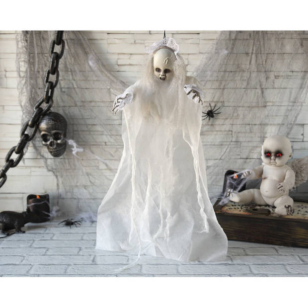 Horror hangdecoratie spook/geest pop wit 50 cm - Halloween poppen