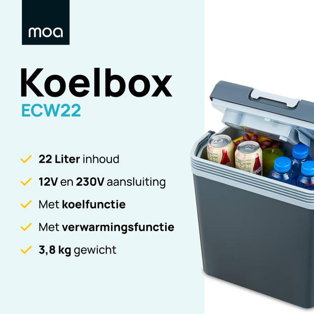 MOA - ECW22 - Thermo-elektrische Koelbox - Met Verwarmingsfunctie - 12V en 230V - 22 Liter - Grijs