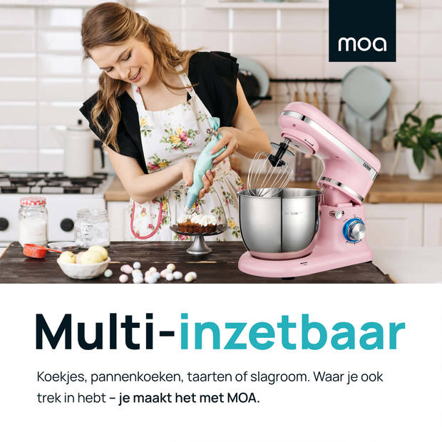 MOA Keukenmachine - Keukenrobot - Mixer met Garde, Deeghaak, Menghaak - 1000 Watt - Roze