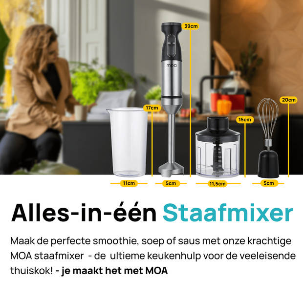 MOA Staafmixer - 1000 Watt - inclusief accessoires - Hakmolen - Klopper - Maatbeker 750ml - HB19