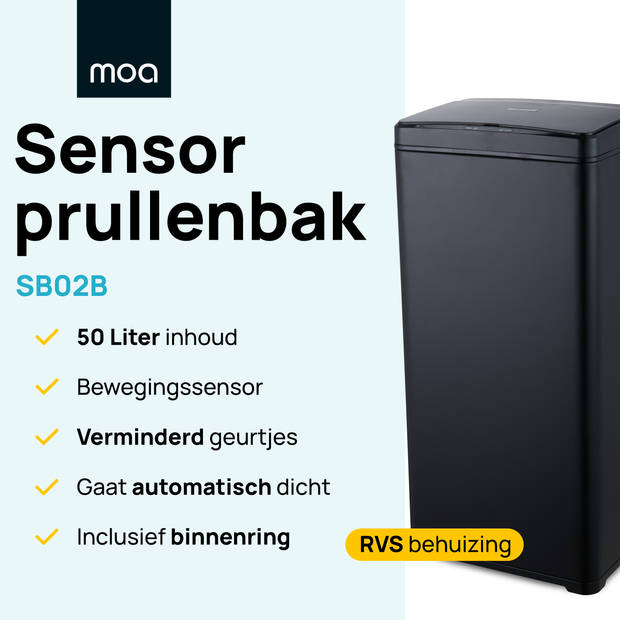 MOA Sensor Prullenbak - 50 liter - RVS & duurzaam ABS - Zwart - SB02B