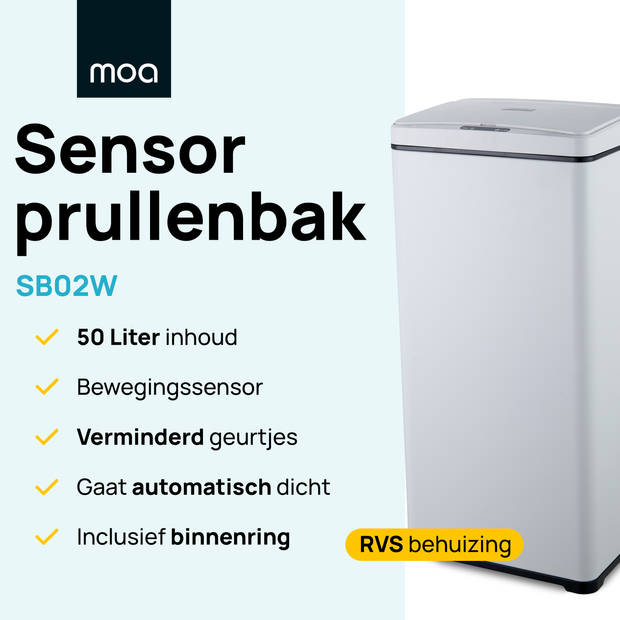 MOA Sensor Prullenbak - 50 liter - RVS & duurzaam ABS - Wit - SB02W
