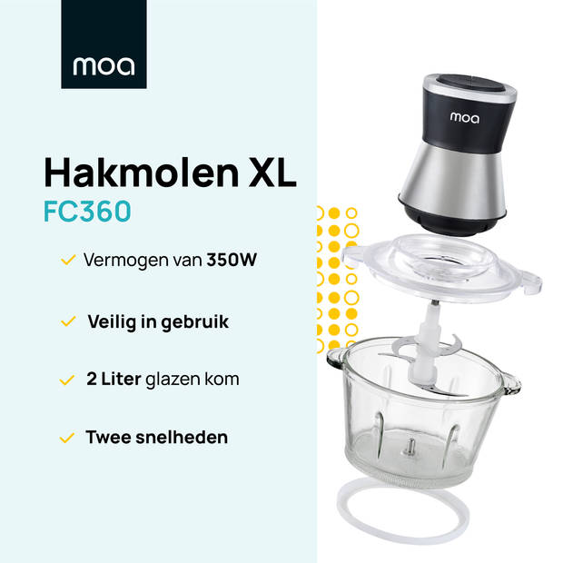 MOA Hakmolen XL - Food Chopper - 2 liter glazen kom - 4 messen - FC360