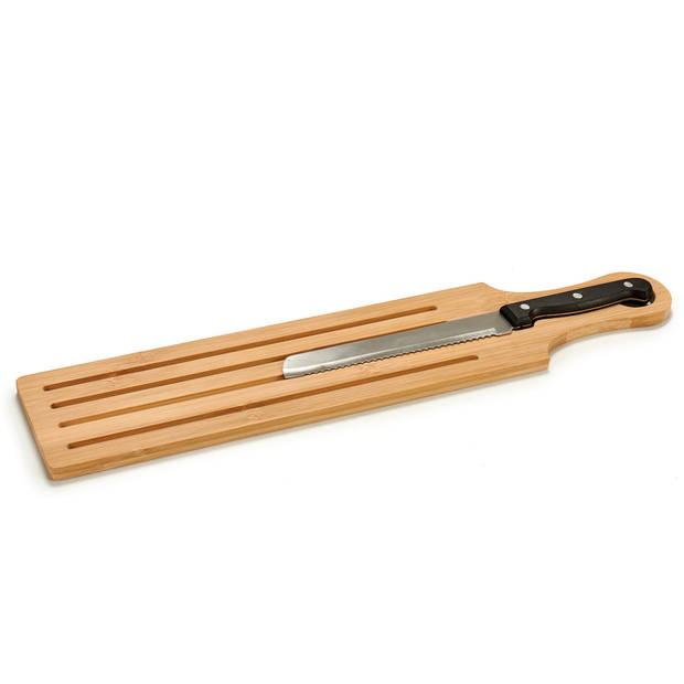 Bamboe houten broodplank/snijplank/serveerplank met broodmes 50 x 10 cm en broodmandje van 26 x 17 c - Snijplanken