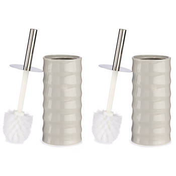 Set van 2x stuks toiletborstel/wc-borstel kiezelgrijs gestreept keramiek 31 cm - Toiletborstels