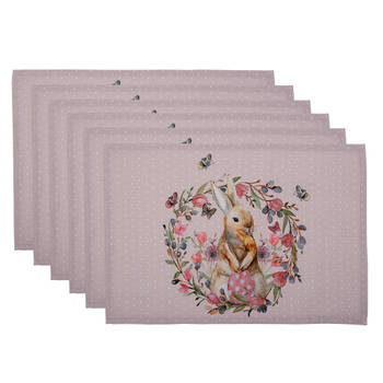 Clayre & Eef Placemats Set van 6 48x33 cm Wit Roze Katoen Rechthoek Konijn Bloemen Tafelmat Wit Tafelmat