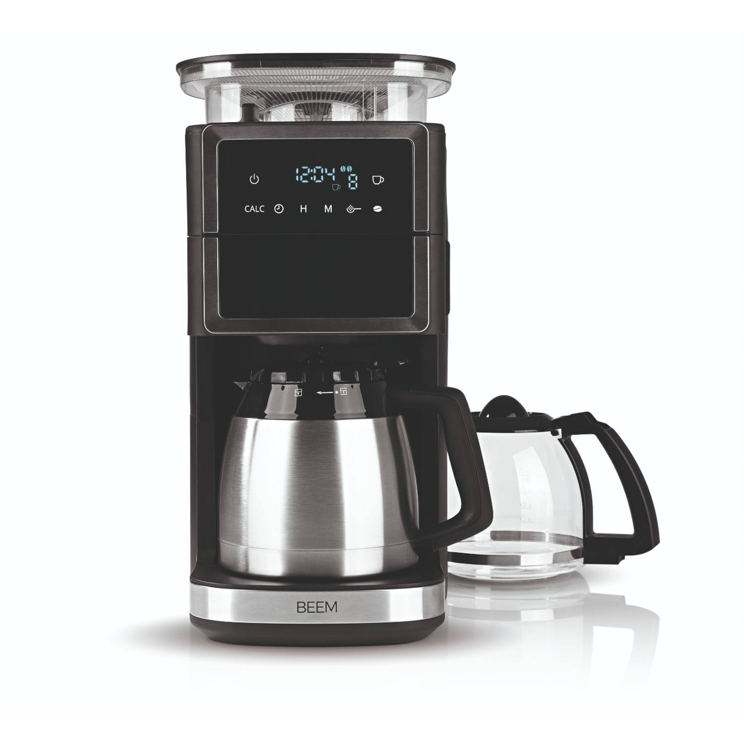 BEEM Koffiezetapparaat Perfect III – koffiemachine met molen – Incl. 2 koffiekannen – glazen kan – thermoskan –- Zwart/RVS – touch-screen