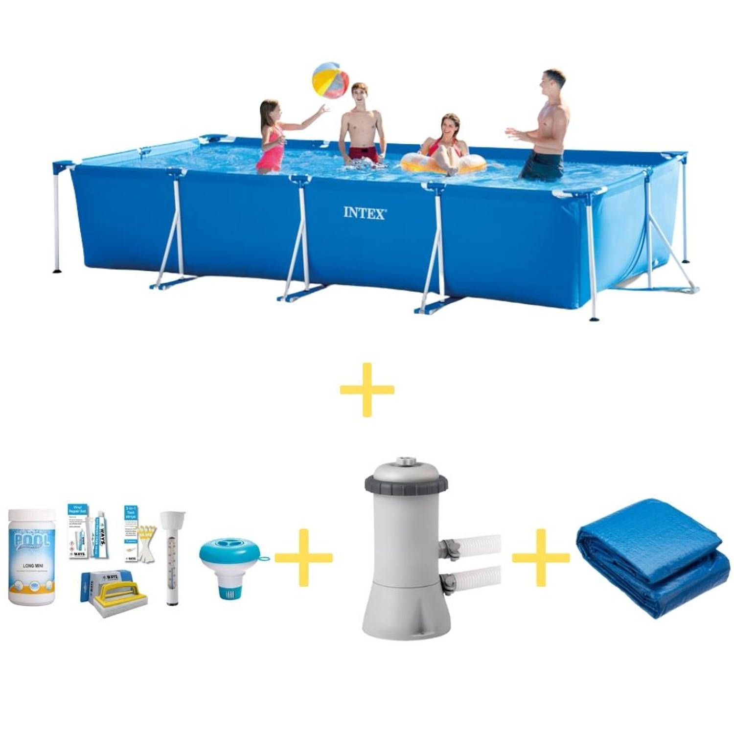 Intex Zwembad - Frame Pool - 450 x 220 x 84 cm - Inclusief WAYS Onderhoudspakket, Filterpomp & Grondzeil