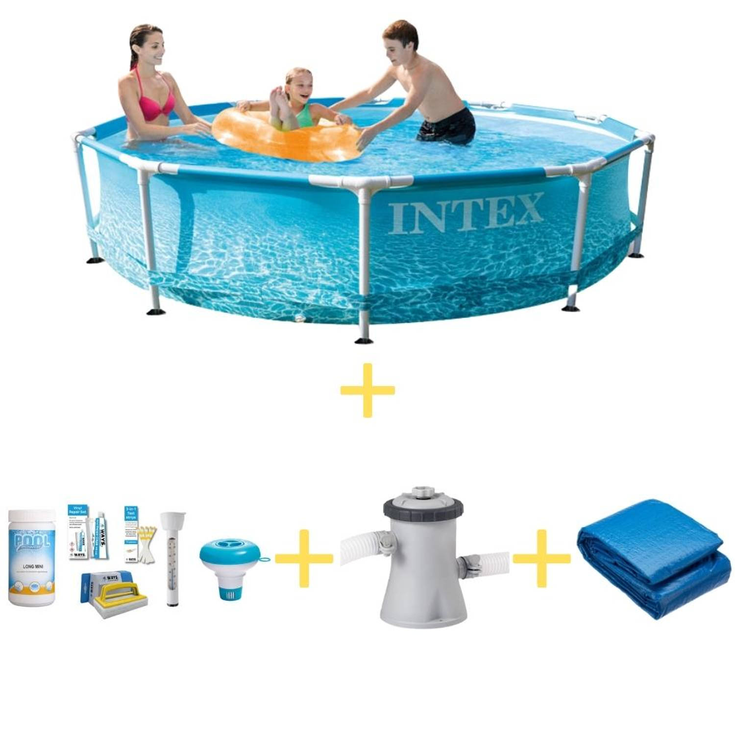 Intex Zwembad Metal Frame Strandzijde 305 X 76 Cm Inclusief Ways Onderhoudspakket, Filterpomp & Gron