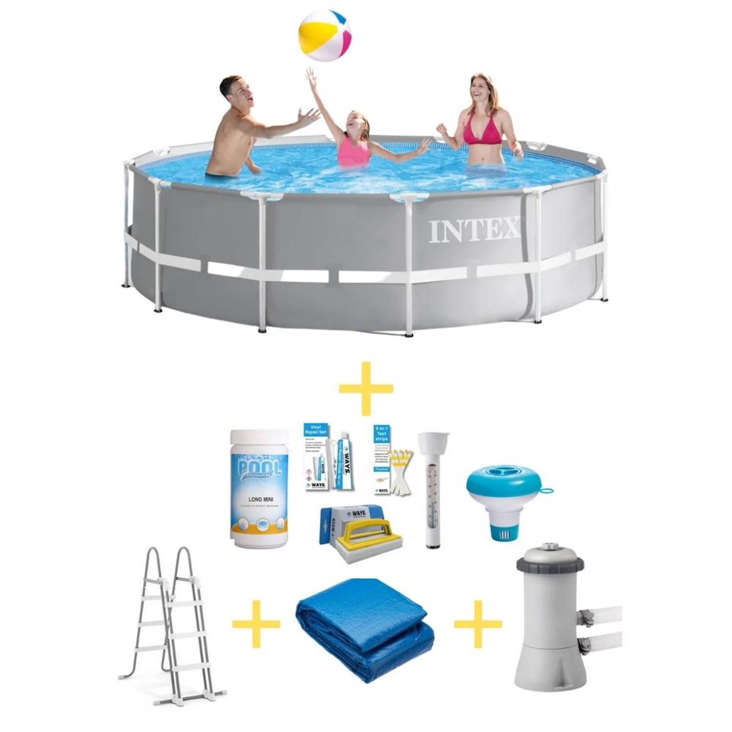 Intex Zwembad - Prism Frame - 366 x 99 cm - Inclusief WAYS Onderhoudspakket, Filterpomp, Grondzeil & Safety Ladder