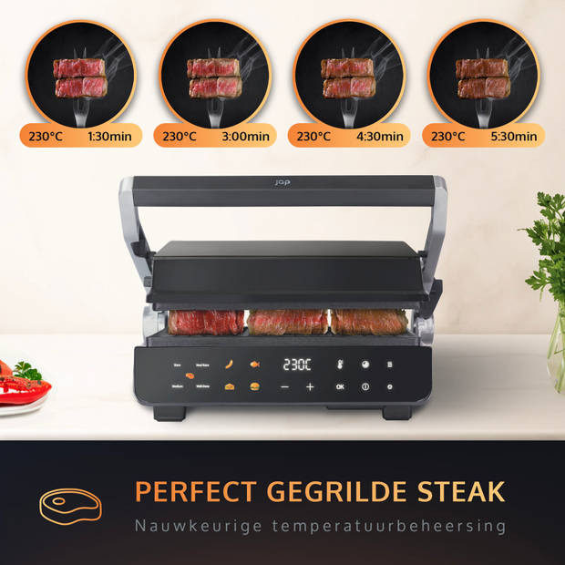 JAP Appliances Integrill Contactgrill (2000W) met zwevende bovenplaat - 180º uitklapbaar - PFAS-vrij Uitneembare platen